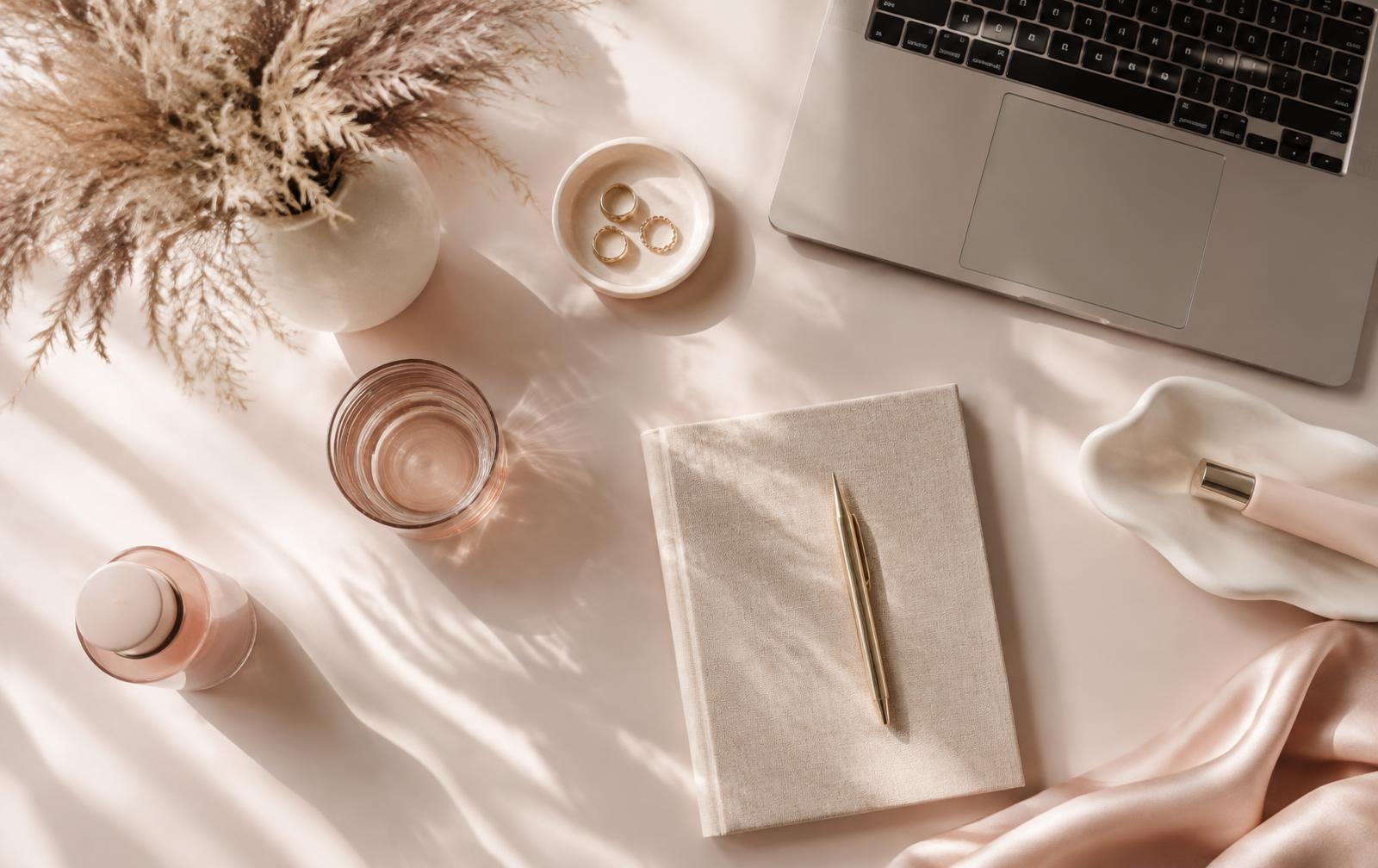 Bureau féminin épuré aux tons rose poudré et beige